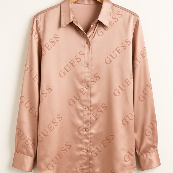 Guess Blouse Size L Women Pink Satin Logo Button‎ Shirt Long Sleeve Loose Fit - Picture 1 of 7